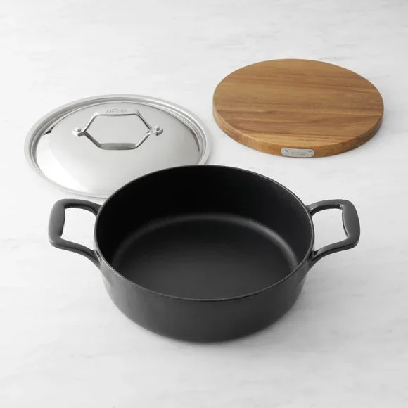 All Clad 4-Qt Braiser with Lid and Acacia Wood Trivet / Enameled Cast Iron NIB - Picture 1 of 8